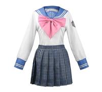 SOOYOOYOO Costume Cosplay Maizono Sayaka Manteau Blanc et Bleu avec Jupe Plissée à Carreaux et Nœud Rose pour Halloween Conventions Roleplay(Femme,S)
