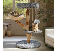 Sopapets Arbre à chat moderne en bois massif pour grand chat, tour à chat de 104,9 cm, avec branche véritable robuste et panier tissé à la main, griffoir en sisal et lit confortable, meubles de luxe