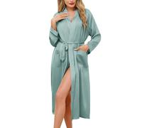 Sopesil Kimono Femme Élégante Robe de Chambre Bride Longue Robe de Bain Pyjama Femme Satin avec Poches Confort Décontracté Home Spa Vert gris XL