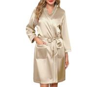 Sopesil Peignoir de Bain Femme en Satin Robe de Chambre Courte Femme Kimono de Mariée Robe de Soirée Élégante Fête Col V et avec Poches Champagne S