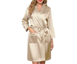Sopesil Peignoir de Bain Femme en Satin Robe de Chambre Courte Femme Kimono de Mariée Robe de Soirée Élégante Fête Col V et avec Poches Champagne S