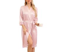 Sopesil Peignoir Satin Femme Robes du Matin Longues pour Femmes Bordure en Dentelle Robes de Mariée Vêtements de Nuit Doux Rose,S