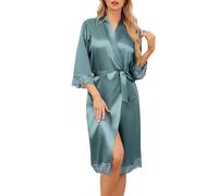 Sopesil Peignoir Satin Femme Robes du Matin Longues pour Femmes Bordure en Dentelle Robes de Mariée Vêtements de Nuit Doux Vert grisâtre,M
