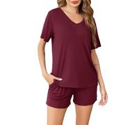 Sopesil Pyjama Femme Coton Court Été Ensembles de Pyjama Femme Col en V Manches Courtes Vêtements de Nuit 2 Pièces avec Pochette à Cordon de Serrage