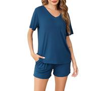 Sopesil Pyjama Femme Coton Court Été Ensembles de Pyjama Femme Col en V Manches Courtes Vêtements de Nuit 2 Pièces avec Pochette à Cordon de Serrage