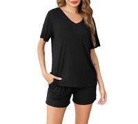 Sopesil Pyjama Femme Coton Court Été Ensembles de Pyjama Femme Col en V Manches Courtes Vêtements de Nuit 2 Pièces avec Pochette à Cordon de Serrage