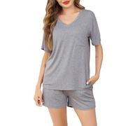 Sopesil Pyjama Femme Coton Court Été Ensembles de Pyjama Femme Col en V Manches Courtes Vêtements de Nuit 2 Pièces avec Pochette à Cordon de Serrage