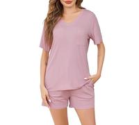 Sopesil Pyjama Femme Coton Court Été Ensembles de Pyjama Femme Col en V Manches Courtes Vêtements de Nuit 2 Pièces avec Pochette à Cordon de Serrage