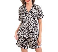 Sopesil Pyjama Femme en Satin à Manches Courtes Ensemble 2 Pièces d’Été avec Boutonné à Col V Imprimé Tenue Pyjama Femme Élégant Confortable avec Poche pour la Maison Taille S-XXL