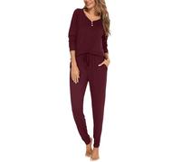 Sopesil Pyjama Femme Hiver Long Coton Ensemble de Pyjama Manches Longues 2 Pièces Chaud Doux Confortable Vêtements de Nuit Loungewear avec Bouton Cordon de Serrage Élasticité B_Vin Rouge,XXL