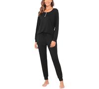 Sopesil Pyjama Femme Hiver Long Coton Ensemble de Pyjama Manches Longues 2 Pièces Chaud Doux Confortable Vêtements de Nuit Loungewear avec Bouton Cordon de Serrage Élasticité A_Noir,L