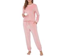 Sopesil Pyjama Hiver pour Femmes Ensemble de Pyjamas en Laine Polaire Super Douce Top et Pantalon à Manches Longues avec Poches pour Vêtements de Nuit Loungewear,L,Rose