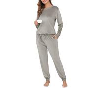 Sopesil Pyjama Hiver pour Femmes Ensemble de Pyjamas en Laine Polaire Super Douce Top et Pantalon à Manches Longues avec Poches pour Vêtements de Nuit Loungewear,L,Gris Clair