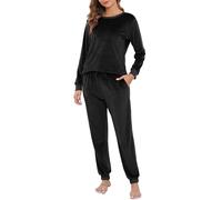 Sopesil Pyjama Hiver pour Femmes Ensemble de Pyjamas en Laine Polaire Super Douce Top et Pantalon à Manches Longues avec Poches pour Vêtements de Nuit Loungewear,L,Noir