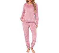 Sopesil Pyjama Hiver pour Femmes Ensemble de Pyjamas en Laine Polaire Super Douce Top et Pantalon à Manches Longues avec Poches pour Vêtements de Nuit Loungewear,XL,Rose Foncé