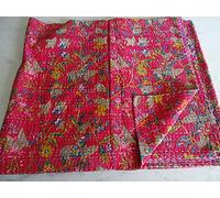 Sophia Art Couvre-lit indien Kantha 100 % fait main - Motif fleurs roses oiseaux de paradis, ethnique, bohème et méditerranéen