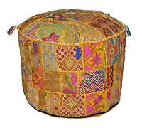 Sophia Art Housse de Patchwork Brodé Indien Pouf Décoratif Indien Pouf Pouf Ottoman Coussin Coton Indien Sol Solide, Pouf Patchwork Ethnique Indien (Yellow, 18"x13")