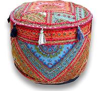 Sophia Art Housse de Patchwork Brodé Indien Pouf Décoratif Indien Pouf Pouf Ottoman Coussin Coton Indien Sol Solide, Pouf Patchwork Ethnique Indien (Alteration-Mirror, 18"x13")