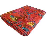 Sophia-Art Twin/King Bed Bohemian Bird Queen Couvre-lit Fait à la Main à la Main Couette Kantha Oiseau Impression Couverture Unique Couverture literie Couette (Red, Twin 60 * 90 inches)