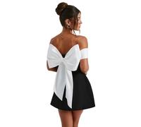 Sophia Robe Élégante Noire et Blanche avec Nœud | Robe Moulante Femme à Épaules Dénudées avec Grand Nœud au Dos | Robe Courte de Soirée, Noir , S