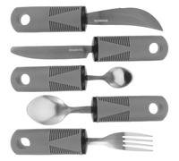 SOPOTUTU Ustensiles Adaptés pour Personnes Âgées Tremblements Lot de 5 set de Couverts Anti-Vibrations Gris à Manches Larges en PP Tpr et Acier Inoxydable Aides à la Vie Quotidienne pour