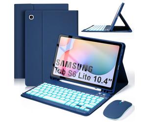 SOPPY Étui clavier rétroéclairé avec souris pour Samsung Tab S6 Lite 10,4" 2024/2022/2020, rétroéclairage 7 couleurs, porte-stylo S intégré, coque fine avec clavier amovible pour Tab S6 Lite, bleu