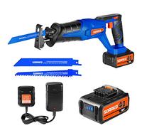 SORAKO Scie Sabre Sans Fil, 18V Scie Sabre Sans Fil avec Batterie 4,0Ah et Chargeur, Scie Sabre Batterie Vitesses 0-3000SPM, Changement de Lame Sans Outil, Idéal pour Coupe de Bois, Branches, Métal