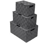 Sorbus Lot de 3 boîtes de rangement tissées, poubelle, conteneur, cube de rangement, empilable, sangle tissée, organisateur d'étagère, poignées de transport intégrées (couvercles de bacs, gris)