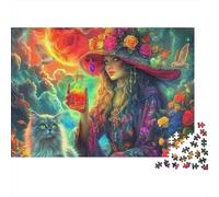 Sorcière 1000 pièces Puzzle Adultes Sorcière Chat Lune de Sang Fleurs Premium Épais Robuste Haute Qualité Vibrant Défi Difficile Anti-Stress Cadeau 52x38cm/1000pcs