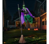 Sorcière animatronique planante de 1,8 m avec balai, accessoire d'Halloween, décoration extérieure, son et décoration effrayante activée par le mouvement