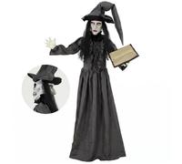 Sorcière animée Halloween 180 cm gris foncé yeux lumineux activation sonore et tactile
