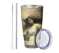 Sorcière avec couvercle et paille - Verre à paille - Sorcières - Danse - Forêt - Esthétique - Arbre magique - Jolie plante magique - Gris brumeux - Métal inoxydable - Incassable - Chaud et froid