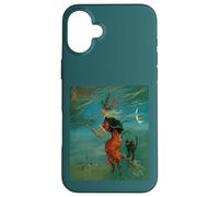 Sorcière chevauchant Un Balai avec Un Chat Noir Vintage Art Vecteur Coque pour iPhone 16 Plus