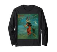 Sorcière chevauchant Un Balai avec Un Chat Noir Vintage Art Vecteur Manche Longue
