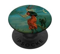 Sorcière chevauchant Un Balai avec Un Chat Noir Vintage Art Vecteur PopSockets PopGrip Adhésif