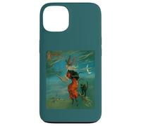 Sorcière chevauchant Un besom avec Un Vecteur Vintage de Chat Noir Coque pour iPhone 13