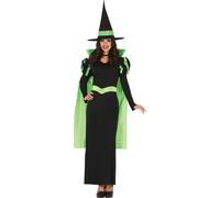 Sorcière Classique Manteau noir Chapeau vert Costume de sorcier Tenue de soirée magique Look mystique Forme sublime Nuit d'automne Silhouette mystérieuse, Taille : 38 - 40 (M) Couleur : Noir