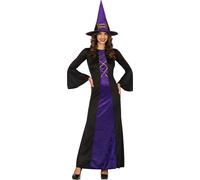 Sorcière Costume Halloween Violet Noir Chapeau de sorcière Robe Transformation magique Nuit Élégance Apparition mystérieuse Célébration Mystique Fantaisie Style Gothique, Taille : 42 - 44 (L) Couleur