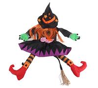 Sorcière d'Halloween avec balai, joli nœud blond, étreignant un arbre, sorcière