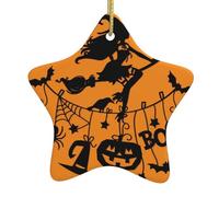 (Sorcière d'Halloween volante) Décorations de Noël imprimées en forme d'étoile, pendentif de Noël en céramique à suspendre pour sapin de Noël, décoration intérieure et extérieure