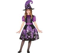 Sorcière Halloween Costume Chapeau Magique Violet Robe Esprits de la Nuit Hantés Citrouille Douce Hantise Vêtement Magique Mystère Clair de Lune Citrouille, Taille : 140/146 Couleur : Violet
