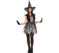Sorcière Halloween Costume Gris Déguisement mystique magique Idée de costume créatif Chapeau magique Robe Mardi gras Toile d'araignée Impressionnant, Taille : 14 - 16 ans Couleur : Noir