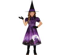 Sorcière Halloween Costume pour enfants Robe magique avec chapeau noir Pour des jeux nocturnes inquiétants Violet Avec ruban mystérieux Idéal Pour Trick Or Treat, Taille : 110/116 Couleur : Noir