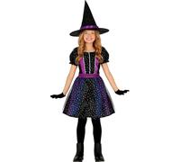 Sorcière Halloween Magie Robe étoilée Avec chapeau Créatures fabuleuses Noir Violet Rêves costumés Fantaisie Paillettes Glamour Tenues de nuit féeriques Fête pour enfants, Taille : 128/134 Couleur : N