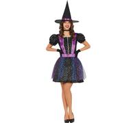 Sorcière Halloween Nuit Étoilée Costume Avec Chapeau Robe Sombre Violet Accents Mystique Déguisement Pour Adulte Apparition Magique Sorcier Festival de Sorcellerie Fête des Peurs, Taille : 38 - 40 (M)