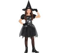 Sorcière magique toile d'araignée Costume chapeau pailleté Halloween sorcière décor araignée noir brillant dramatique mystique, Taille : 110/116 Couleur : Noir
