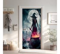 Sorcière Poster de Porte 3D Trompe L'oeil 73x205 cm, Halloween Auto-Adhésif Sticker Porte pour Chambre Cuisine, Fantôme Stickers Autocollants de Porte