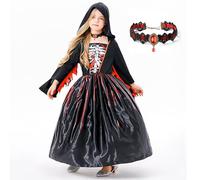 Sorcière Robe Deguisement Halloween Fille,Squelette Vampire Déguisement Maléfique Fille,Robe Gothique avec Capuche,Collier,Costume Diable Enfant 5-12 Ans,pour Halloween Cosplay Carnaval Fête (S)