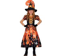 Sorcière robe magique Halloween citrouilles chapeau magique maison hantée, taille : 110/116 couleur : orange