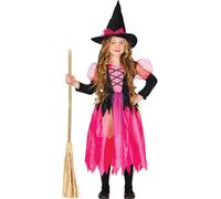 Sorcière Rose Costume Fantaisie Forêt féerique Monde enchanté Halloween Chapeau noir Paillettes Tulle Frou-frou Balai Château de conte de fées Sorcière, Taille : 140/146 Couleur : Rose